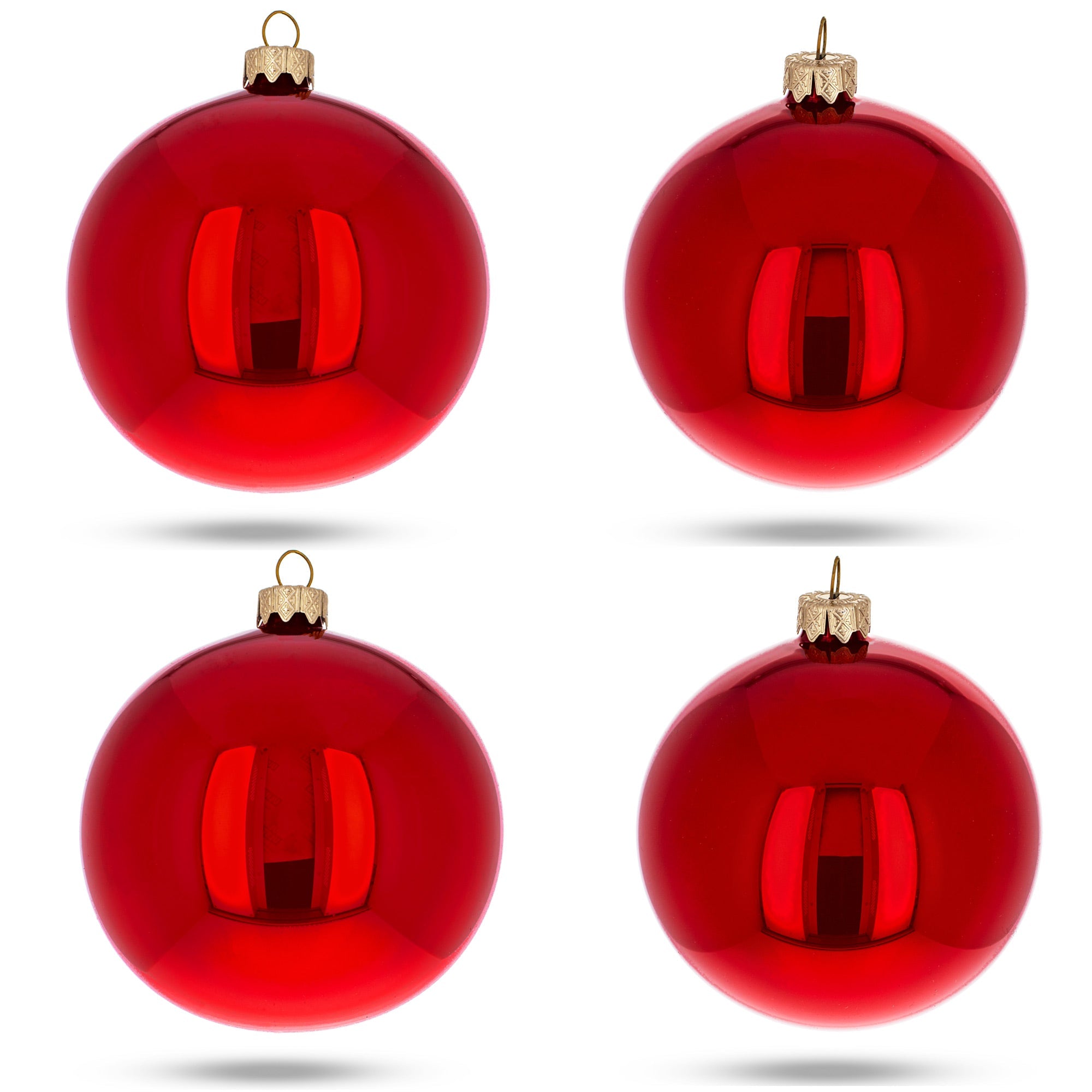 Set Of 4 Red Glossy Glass Ball Christmas Ornaments 4 Inches