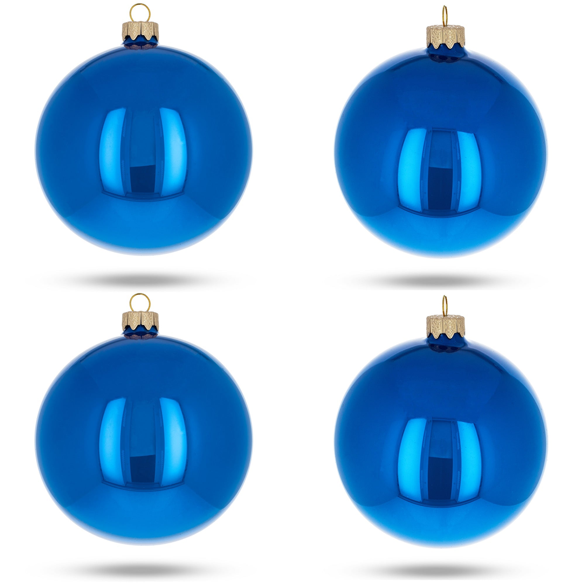 Set Of 4 Blue Glossy Glass Ball Christmas Ornaments 4 Inches