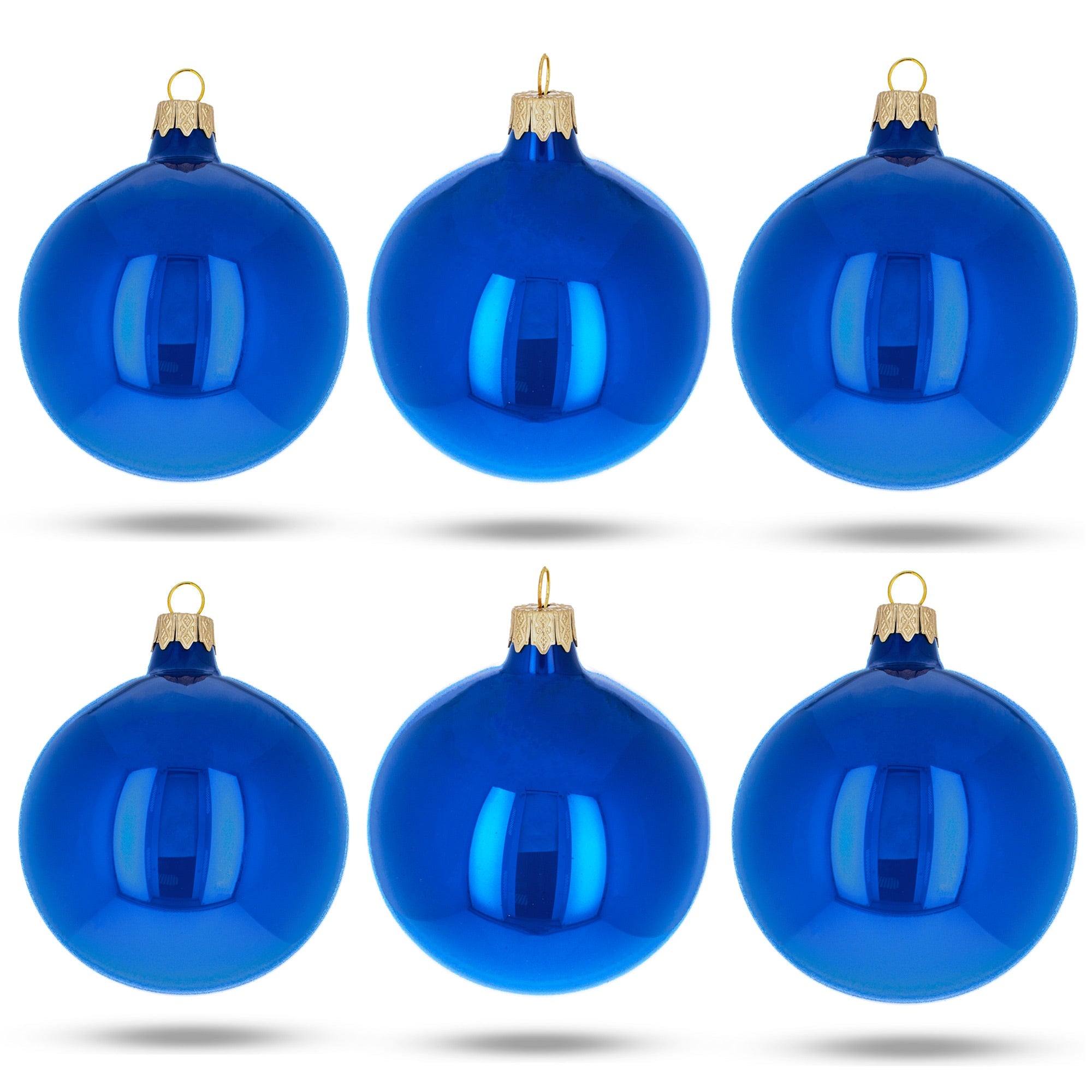 Set Of 6 Glossy Blue Glass Ball Christmas Ornaments 3.25 Inches