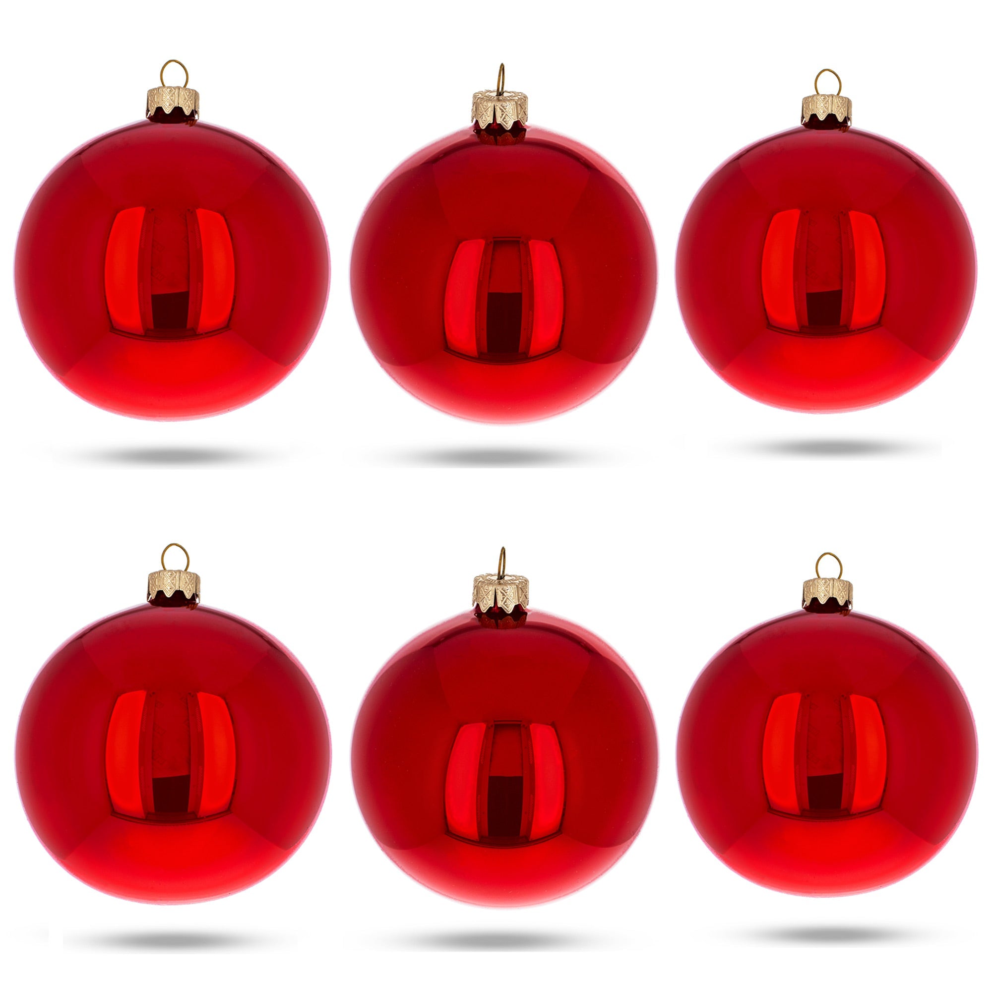 Set Of 6 Red Glossy Glass Ball Christmas Ornaments 3.25 Inches