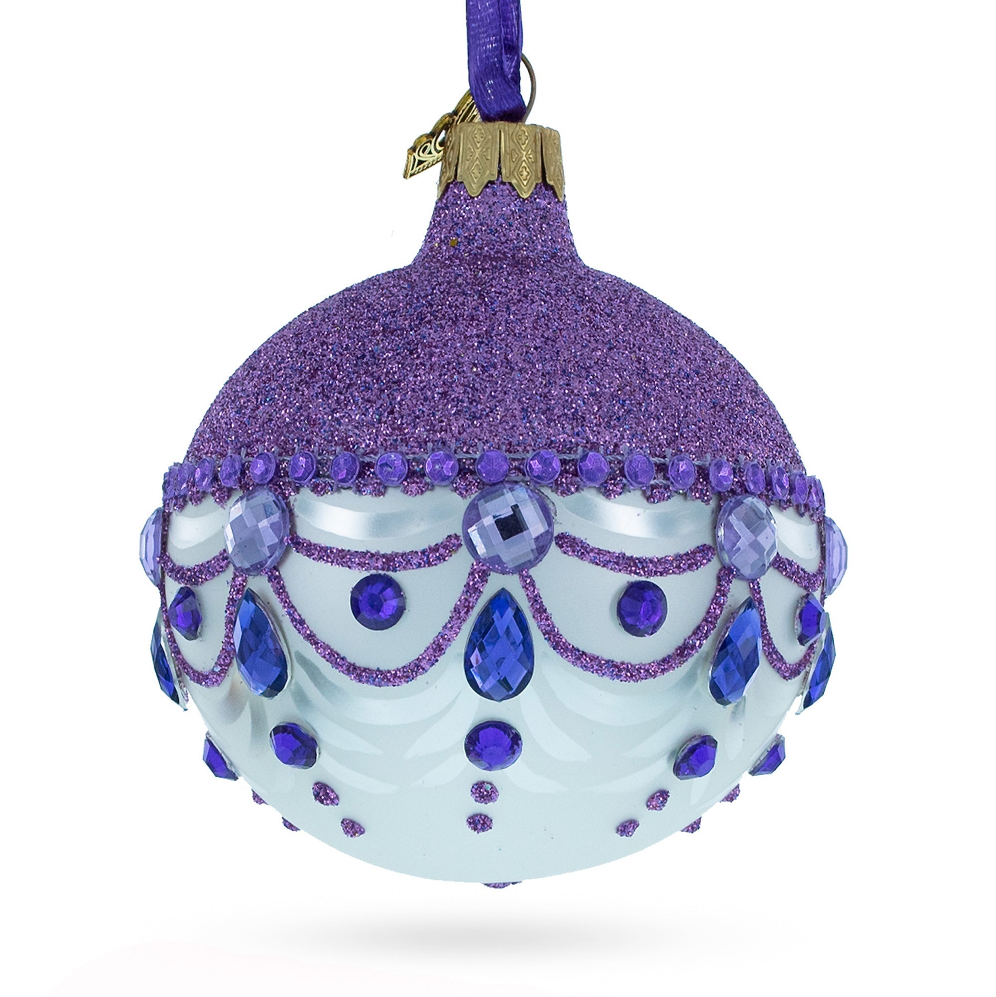 Sparkling Elegance: Glittered Purple Top White Bottom Blown Glass Ball Christmas Ornament 3.25 Inches