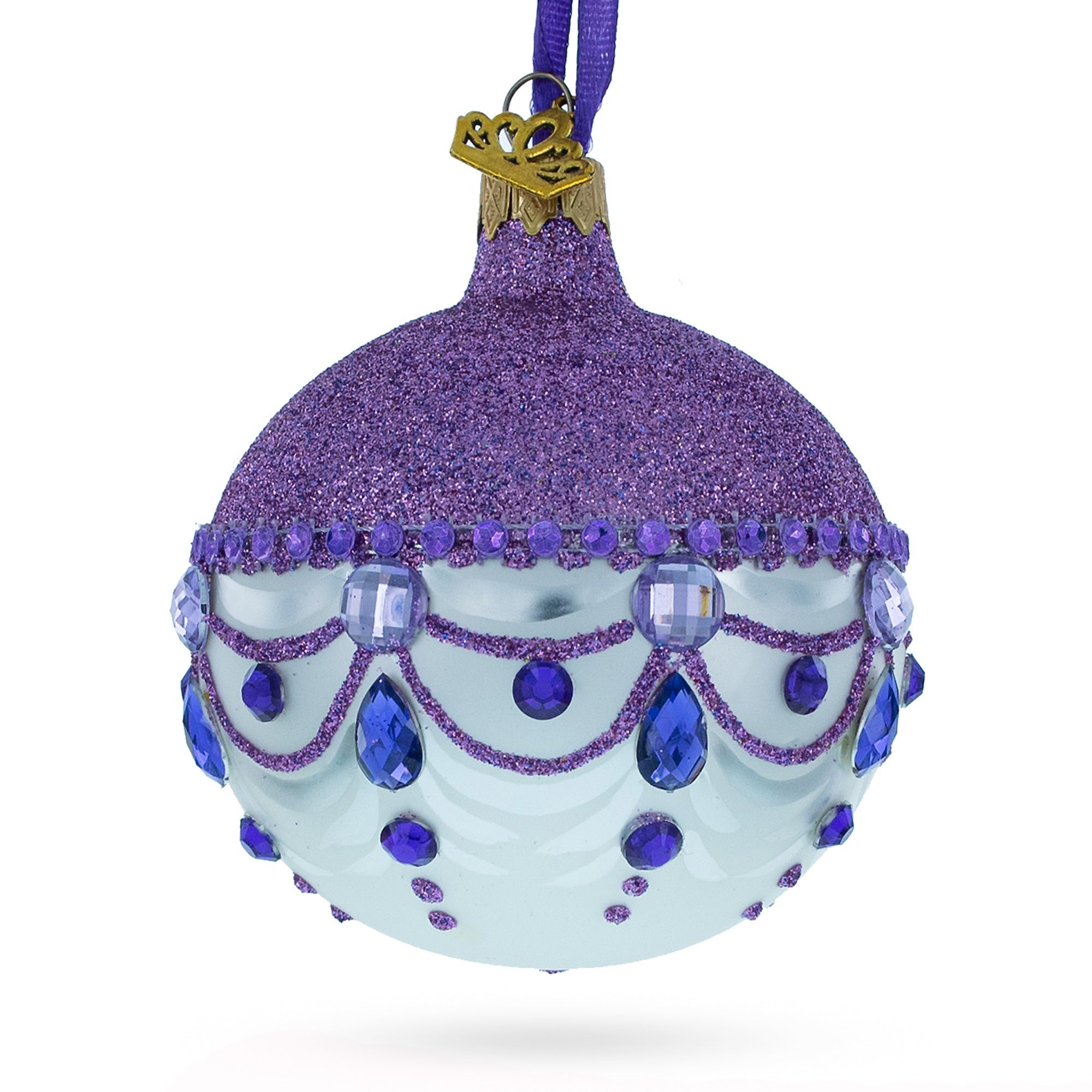 Sparkling Elegance: Glittered Purple Top White Bottom Blown Glass Ball Christmas Ornament 3.25 Inches