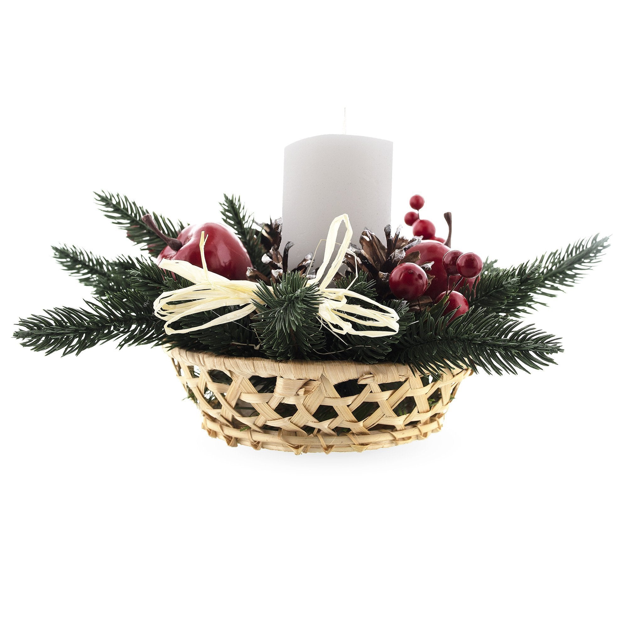 Ukrainian Candle Holder Decoration With Straw Bow, Apples & Pine Cones 16 Inches