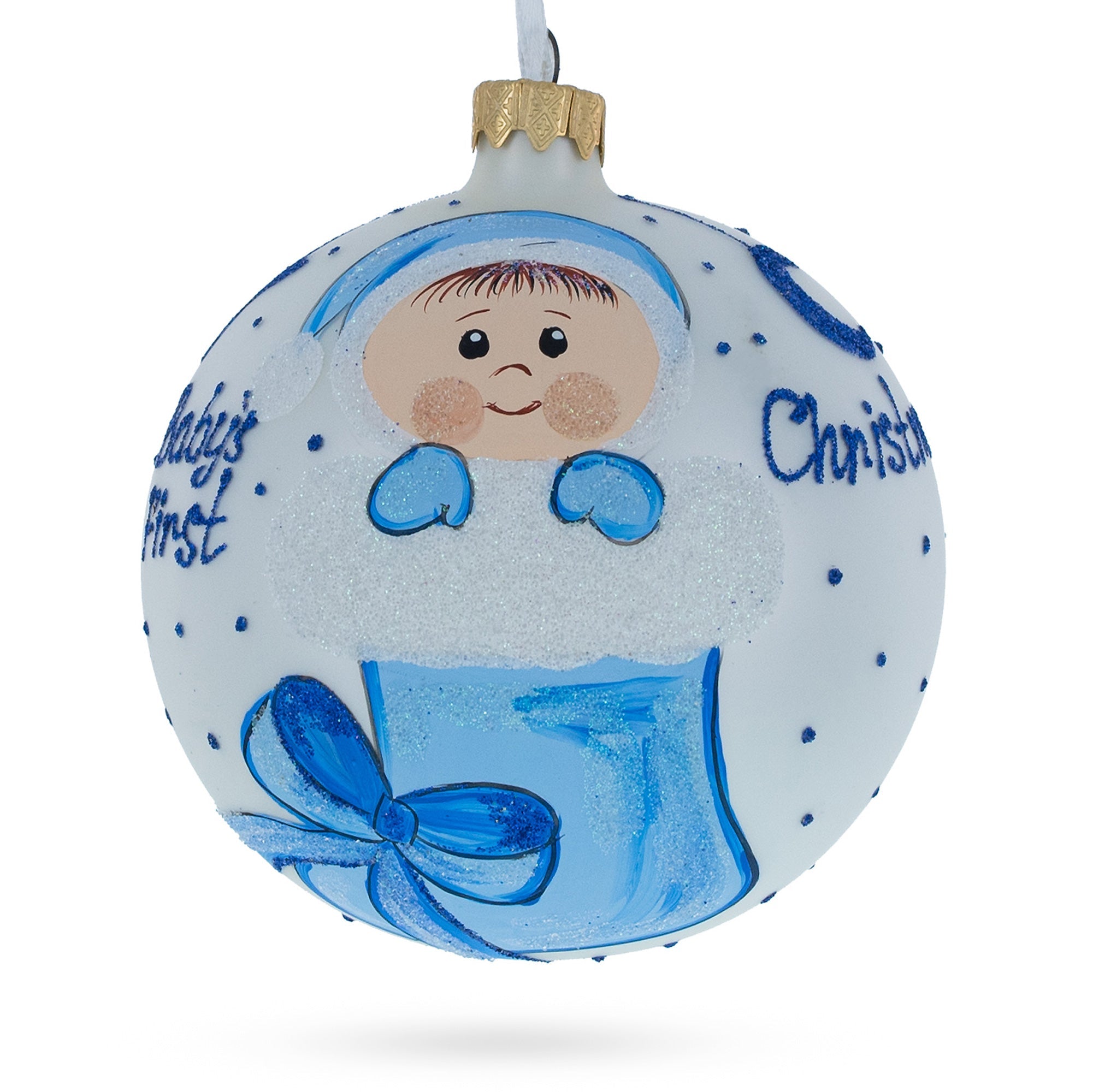 Adorable Boy Snuggled In A Christmas Stocking Blown Glass Ball Baby's First Christmas Ornament 4 Inches