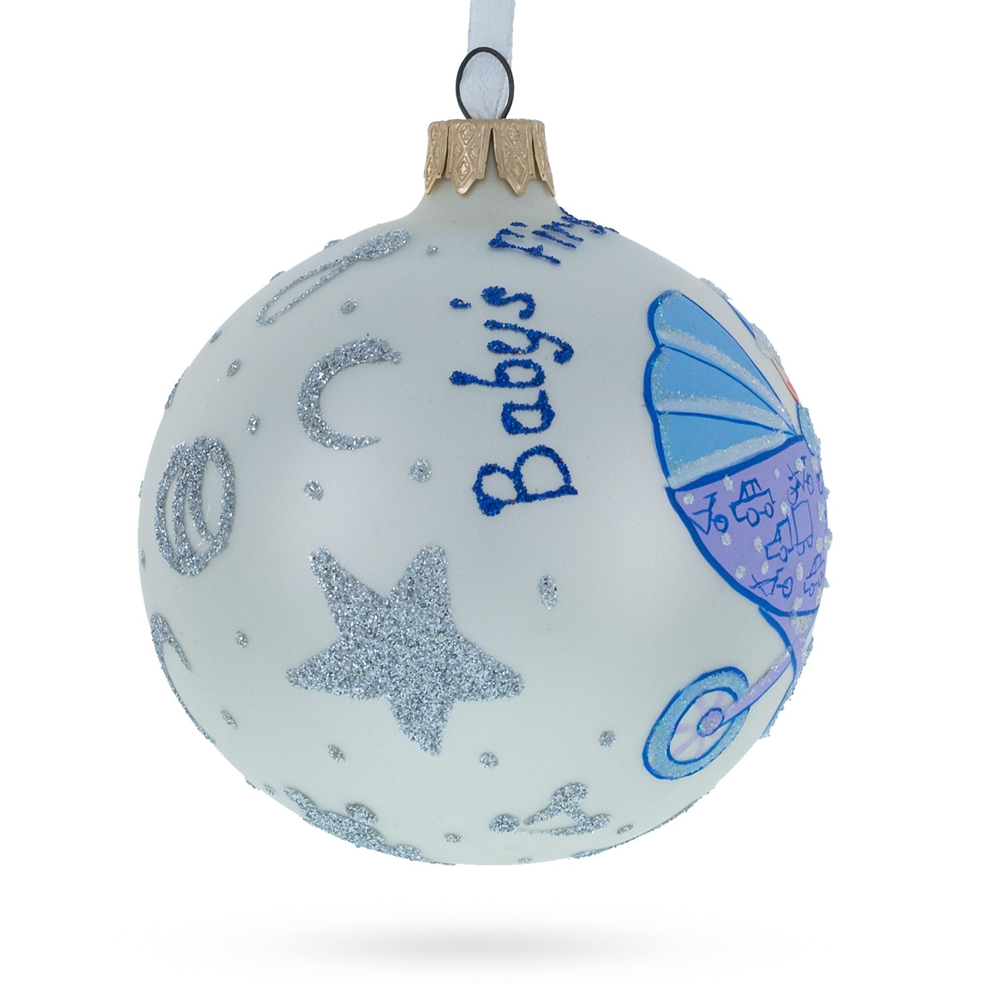 Cherubic Boy In Cozy Stroller Blown Glass Ball Baby's First Christmas Ornament 3.25 Inches