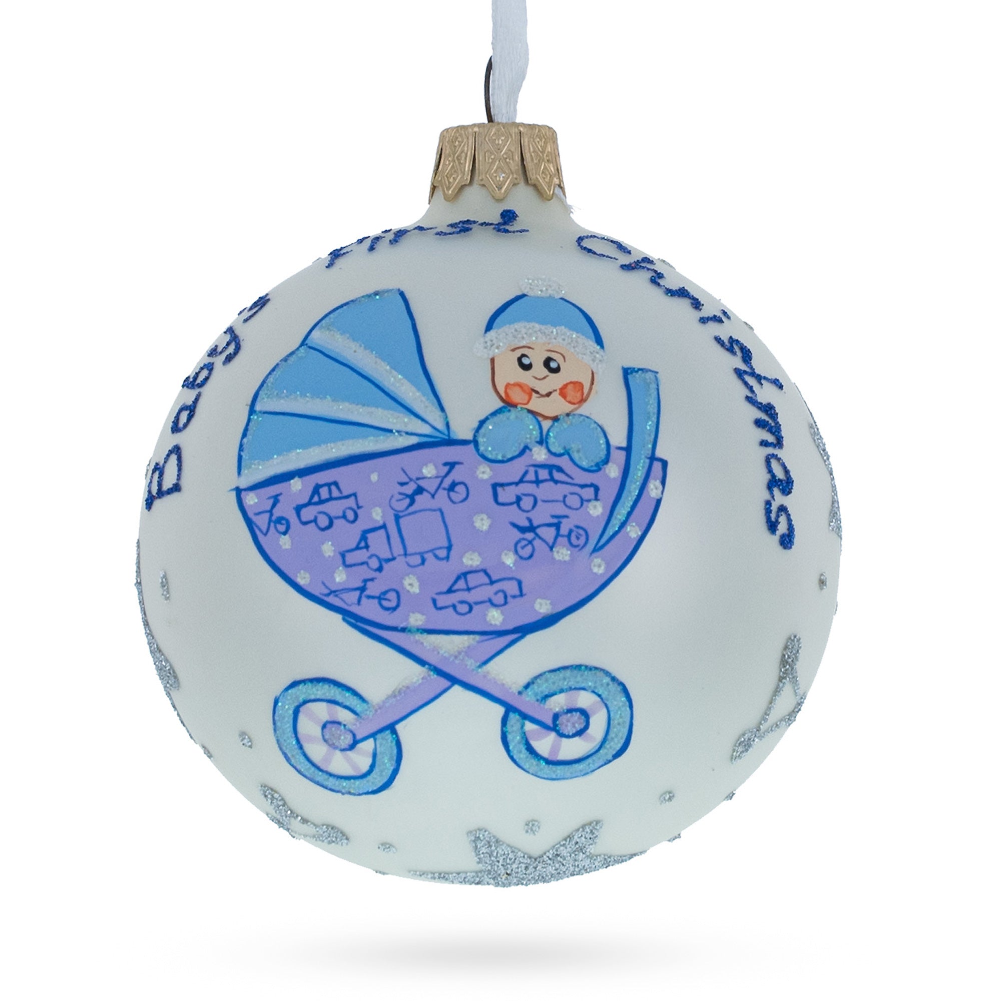 Cherubic Boy In Cozy Stroller Blown Glass Ball Baby's First Christmas Ornament 3.25 Inches