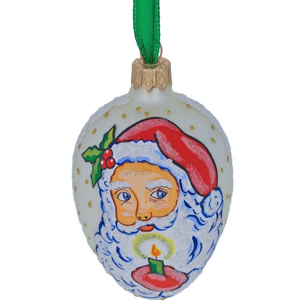 Santa Holding Candle Glass Egg Ornament 4 Inches