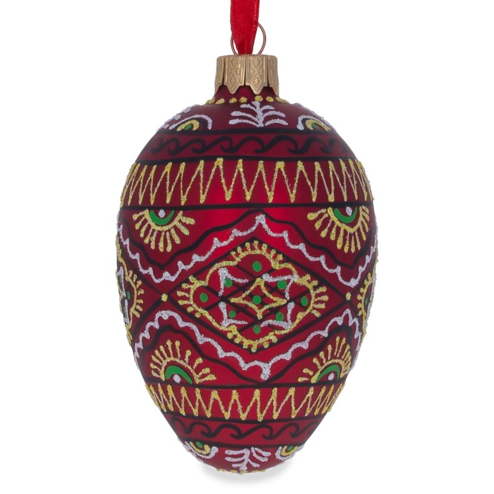 Red Geometric Ukrainian Egg Glass Christmas Ornament 4 Inches