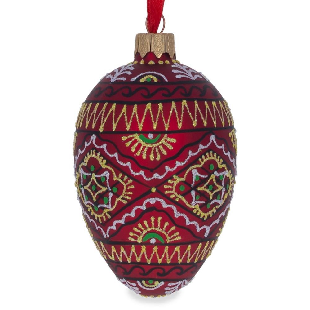 Red Geometric Ukrainian Egg Glass Christmas Ornament 4 Inches