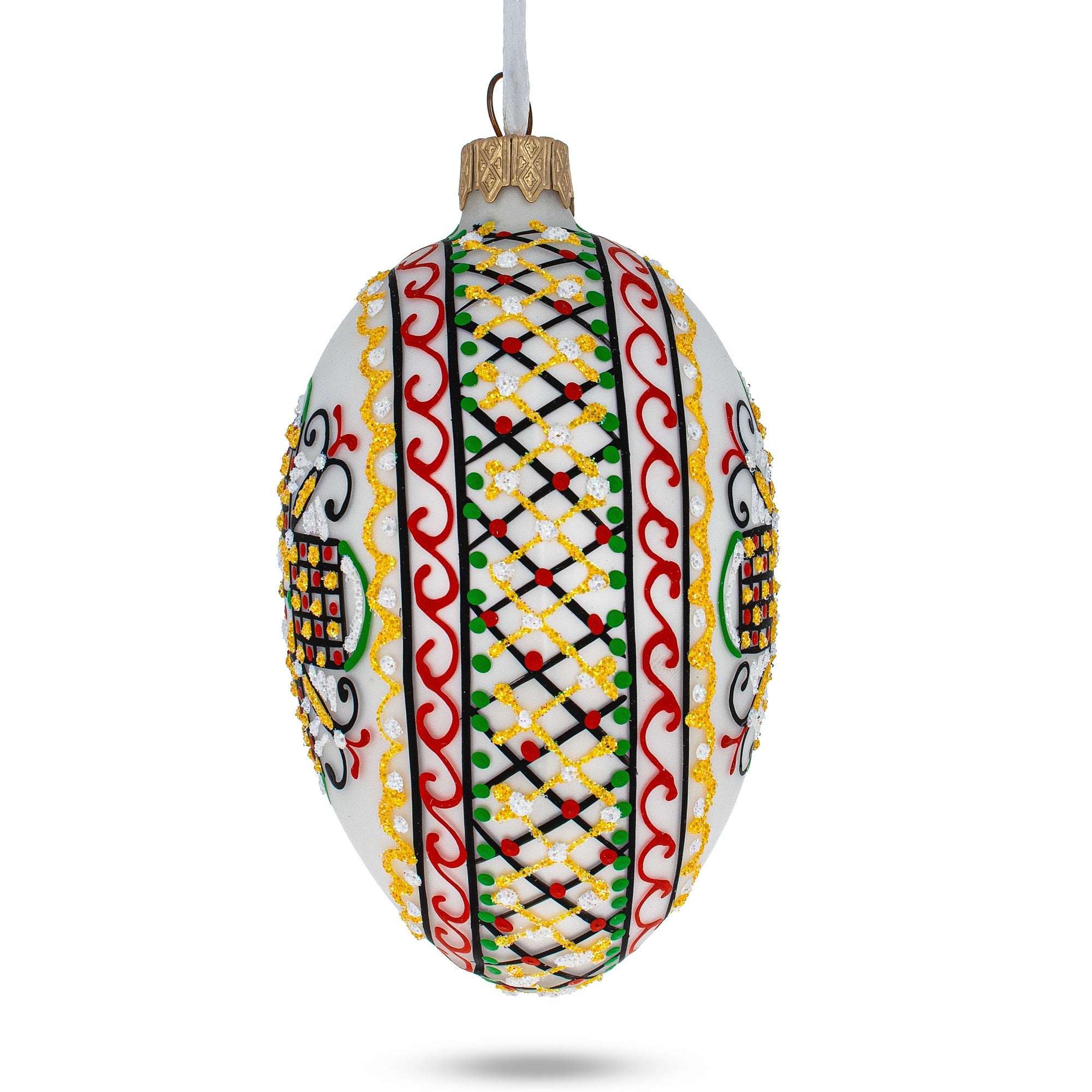 White Geometric Ukrainian Egg Glass Christmas Ornament 4 Inches