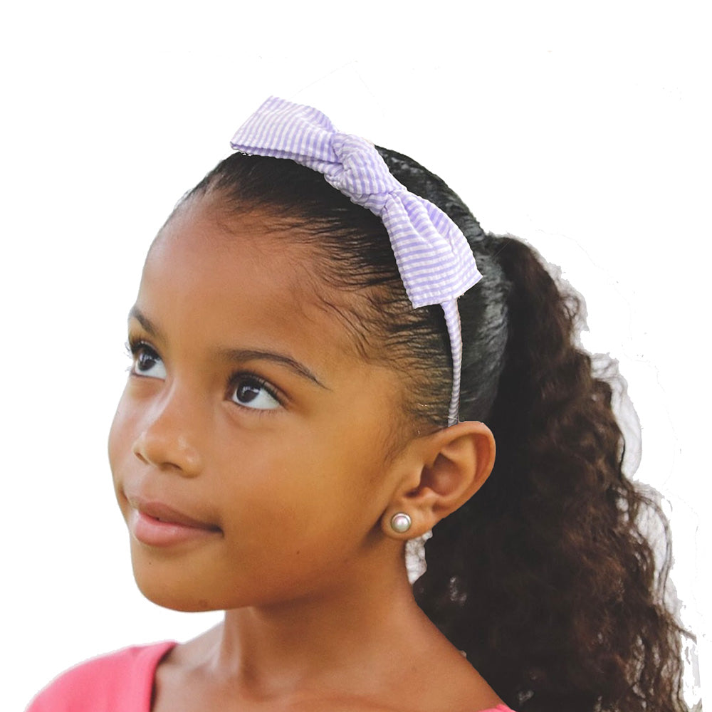 Seersucker Bow Headband In Lavender/white