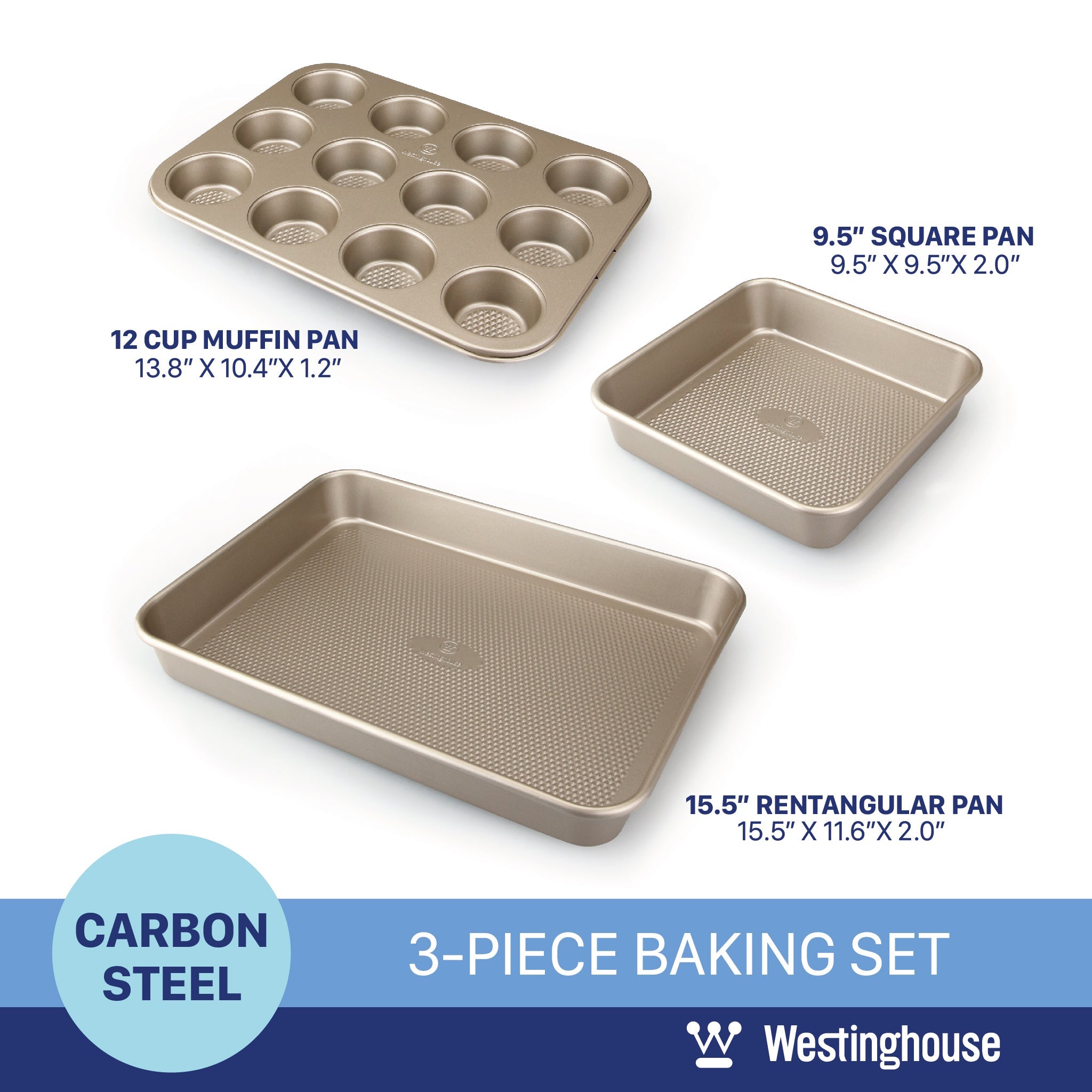 Baking Pan Set, Carbon Steel, 3-pc (squre Pan, Muffin Pan + Rectangle Deep Tray)