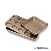 Baking Pan Set, Carbon Steel, 3-pc (squre Pan, Muffin Pan + Rectangle Deep Tray)