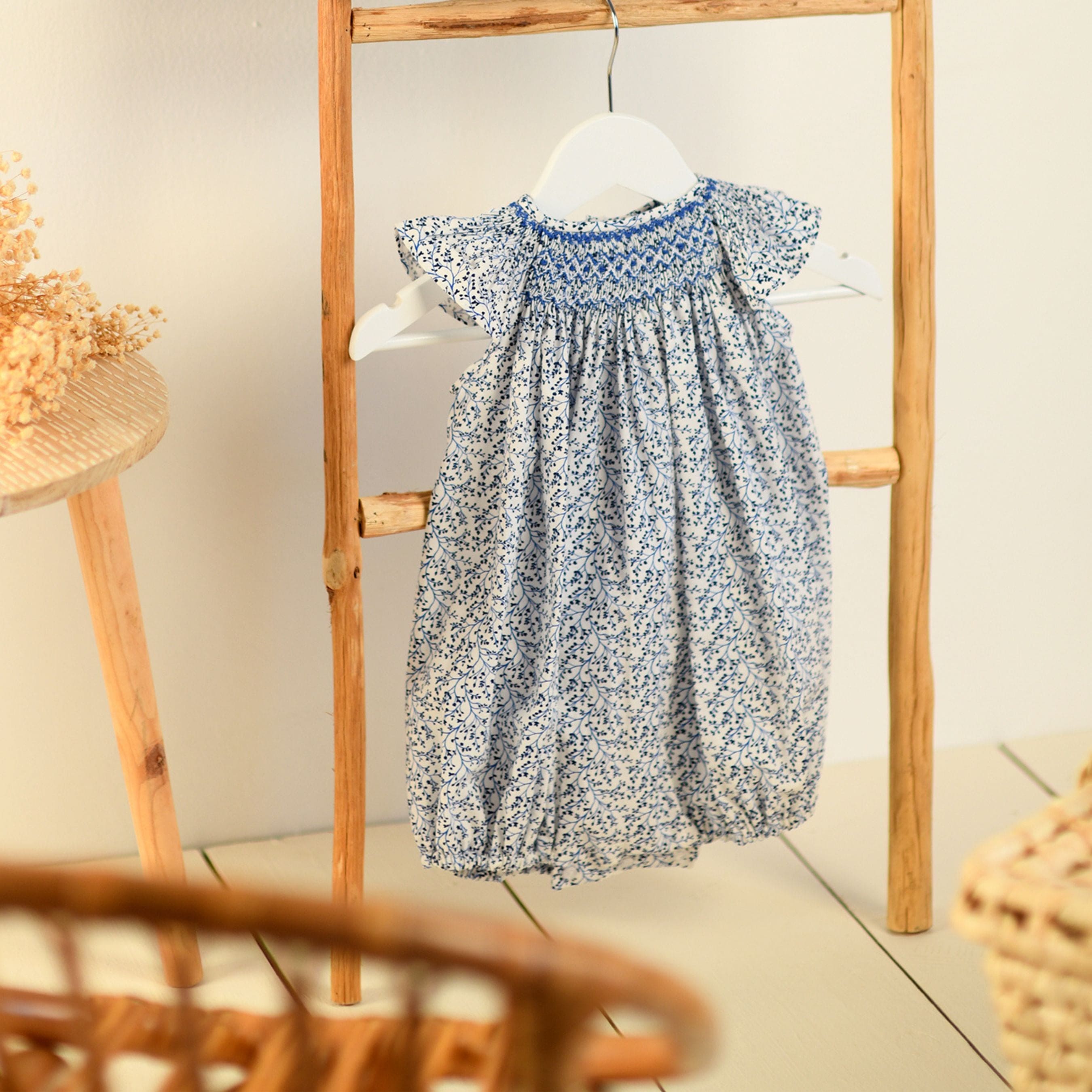 Leana | Girls Blue Cotton Floral Smocked Shortie