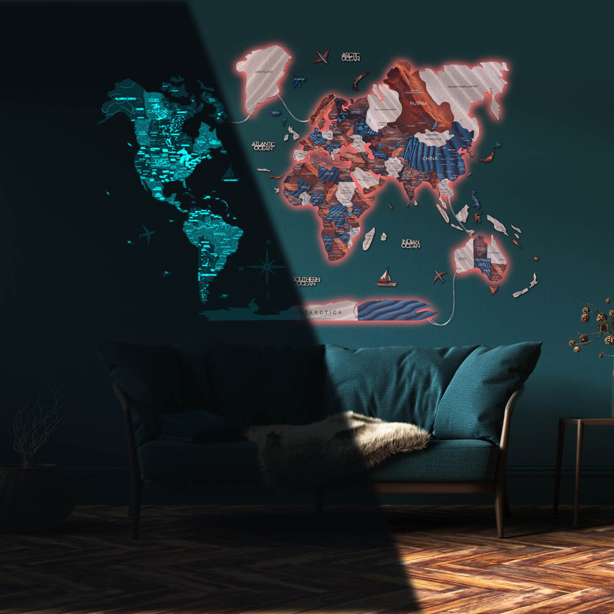 3d Led / Luminous Wooden World Map 3.0 Dune