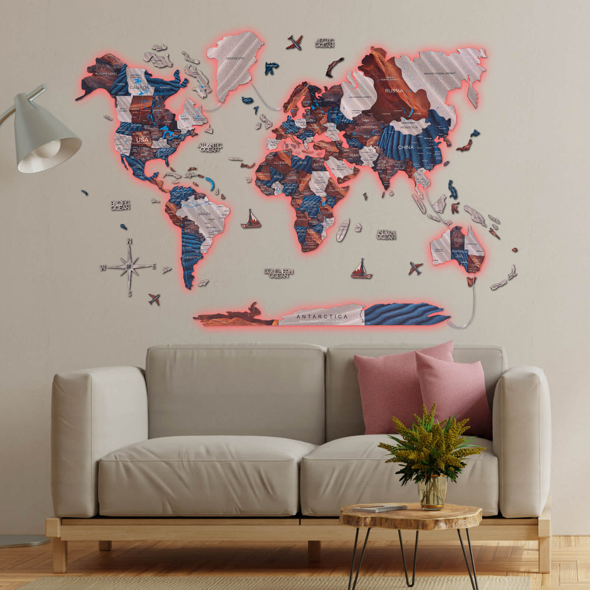 3d Led / Luminous Wooden World Map 3.0 Dune