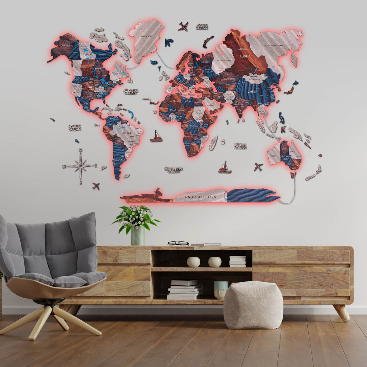3d Led / Luminous Wooden World Map 3.0 Dune
