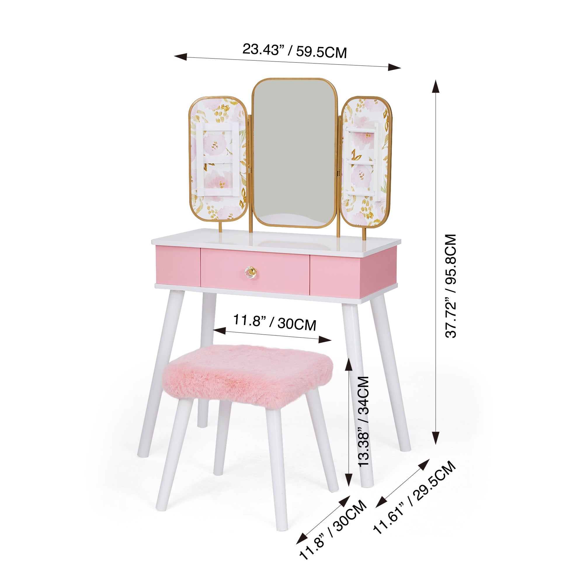 Fantasy Fields Kids Little Lady Izabel Floral Vanity With Mirror, Storage And Stool, Pink