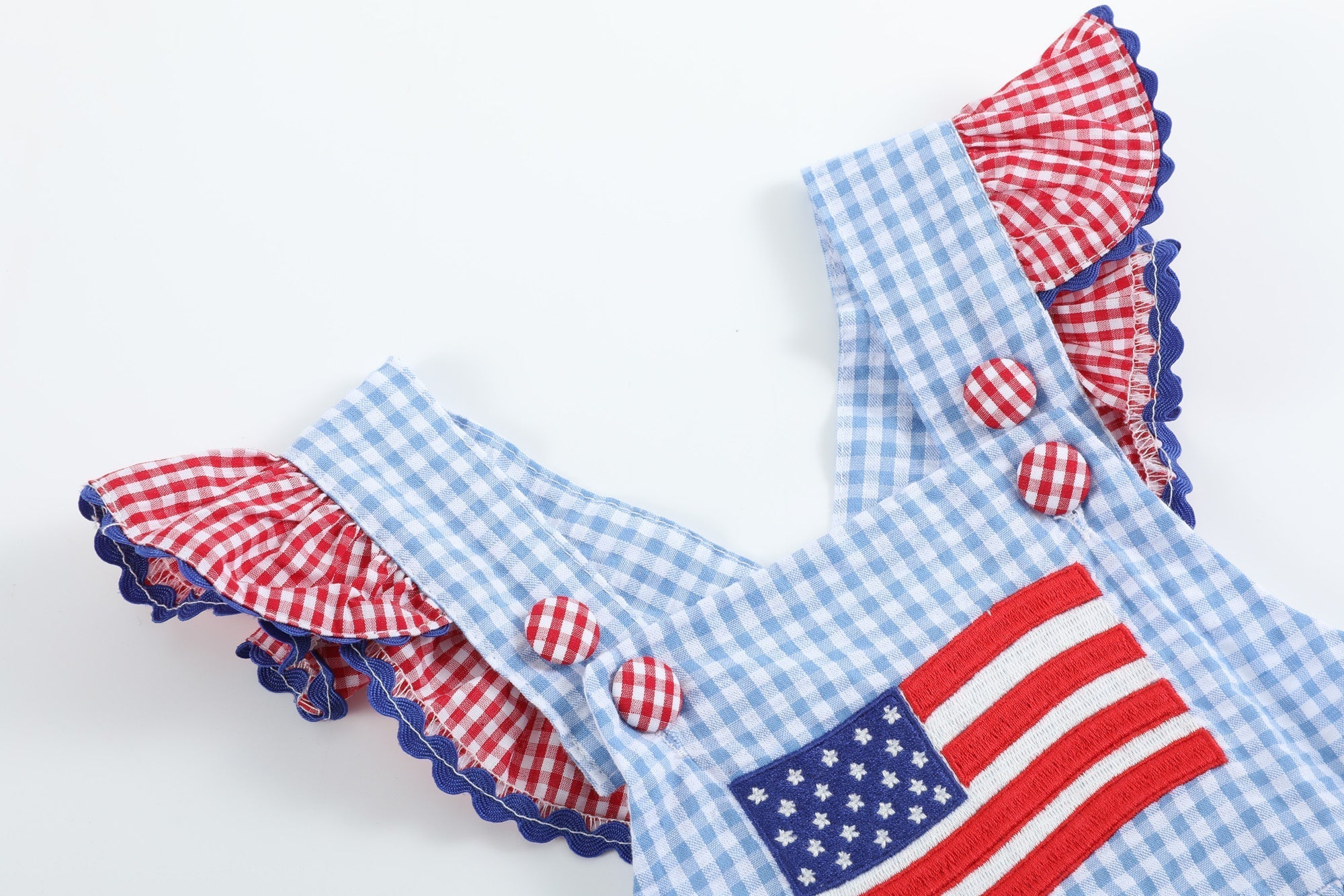 Light Blue And Red Gingham Usa Flag Ruffle Romper