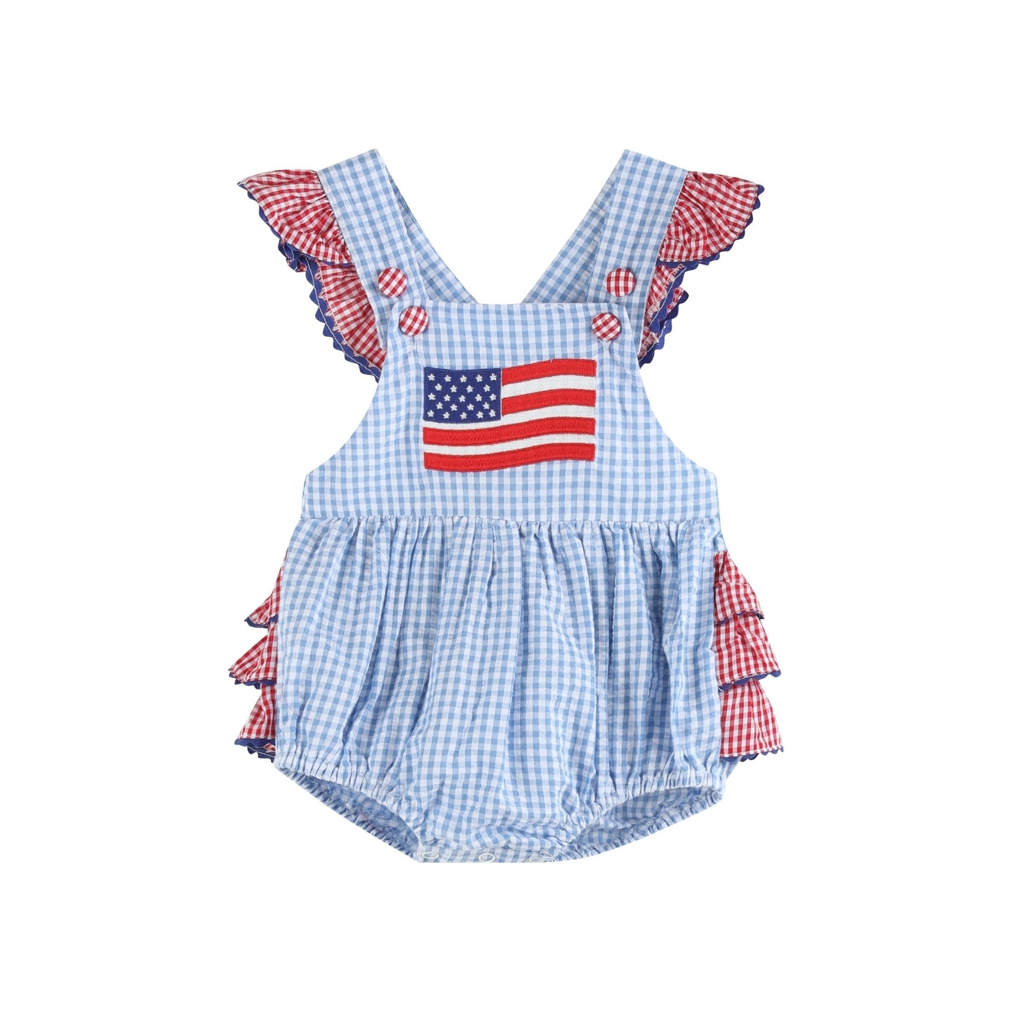 Light Blue And Red Gingham Usa Flag Ruffle Romper