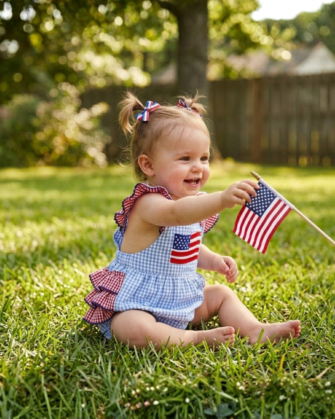 Light Blue And Red Gingham Usa Flag Ruffle Romper