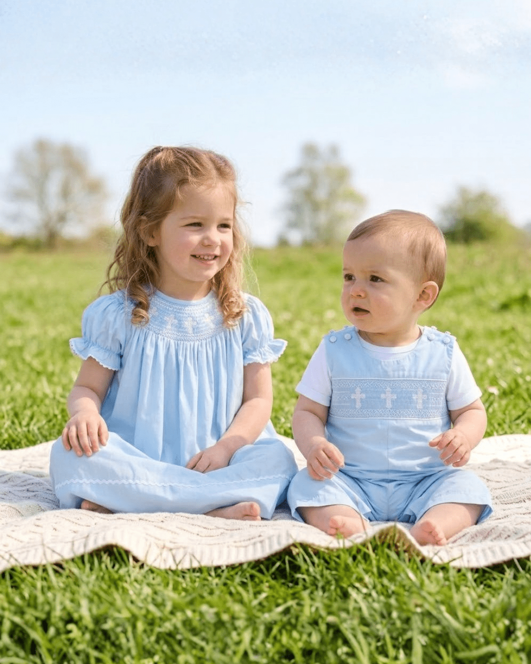Light Blue Crosses Smocked Overalls