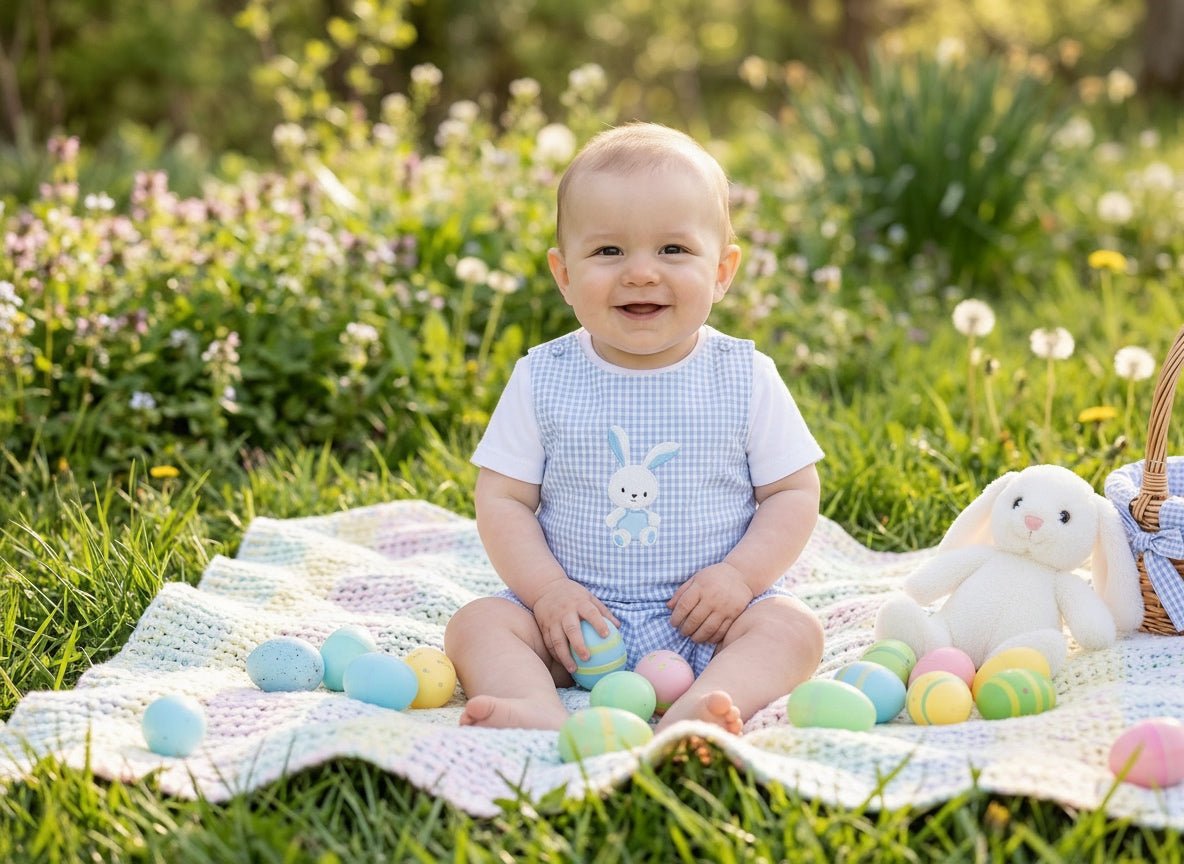 Light Blue Gingham Easter Bunny Applique Shortalls