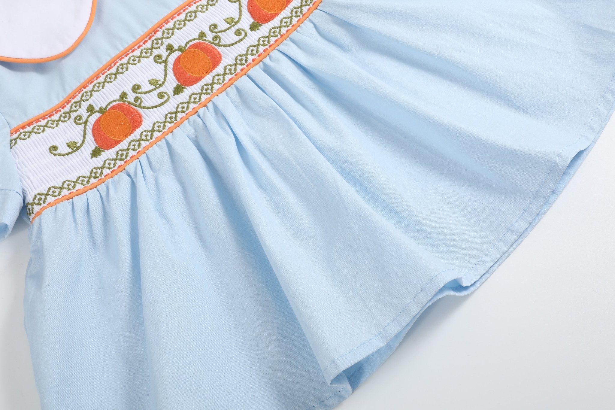 Light Blue Pumpkin Vine Smocked Dress And Bloomers