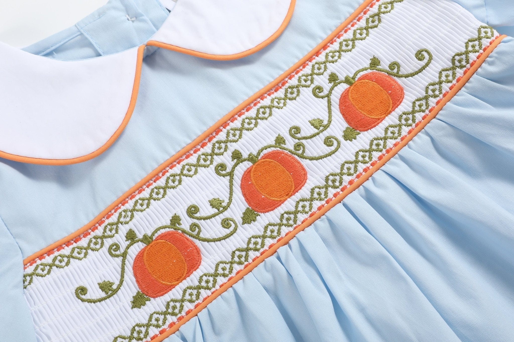 Light Blue Pumpkin Vine Smocked Dress And Bloomers