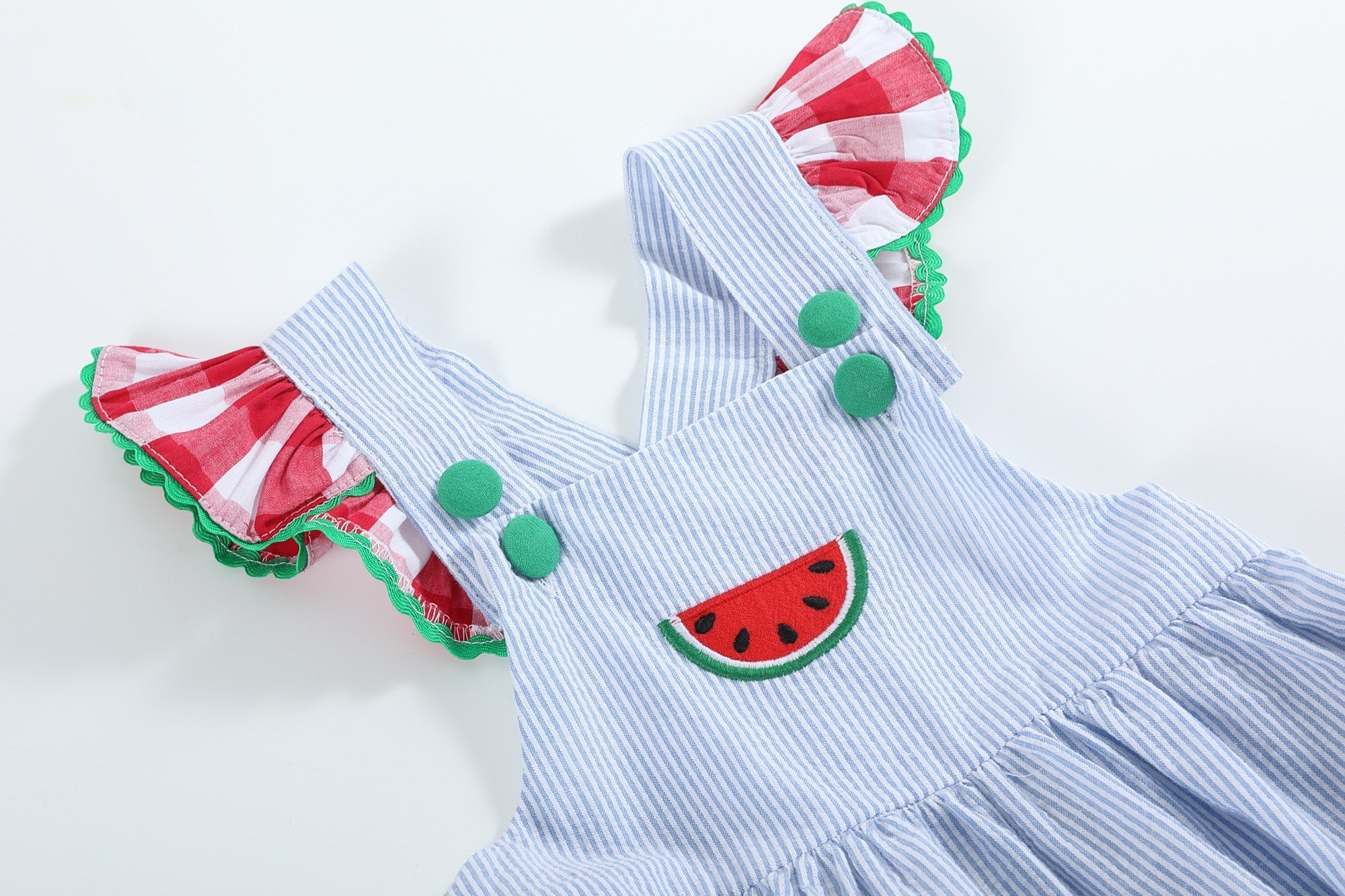 Light Blue Seersucker And Gingham Watermelon Ruffle Romper