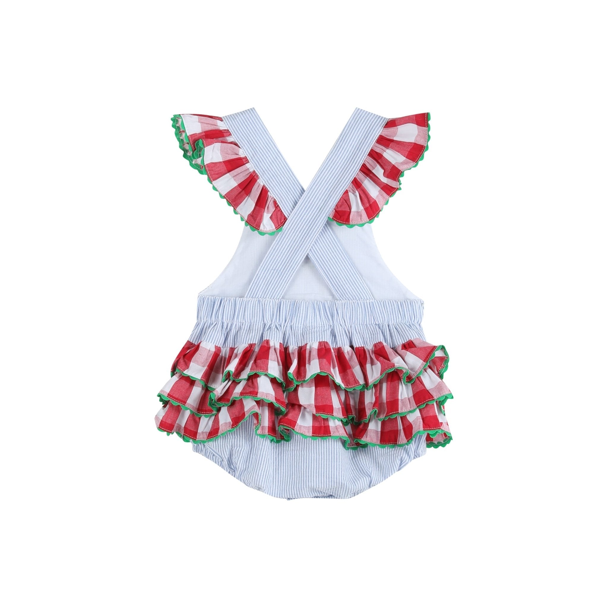Light Blue Seersucker And Gingham Watermelon Ruffle Romper