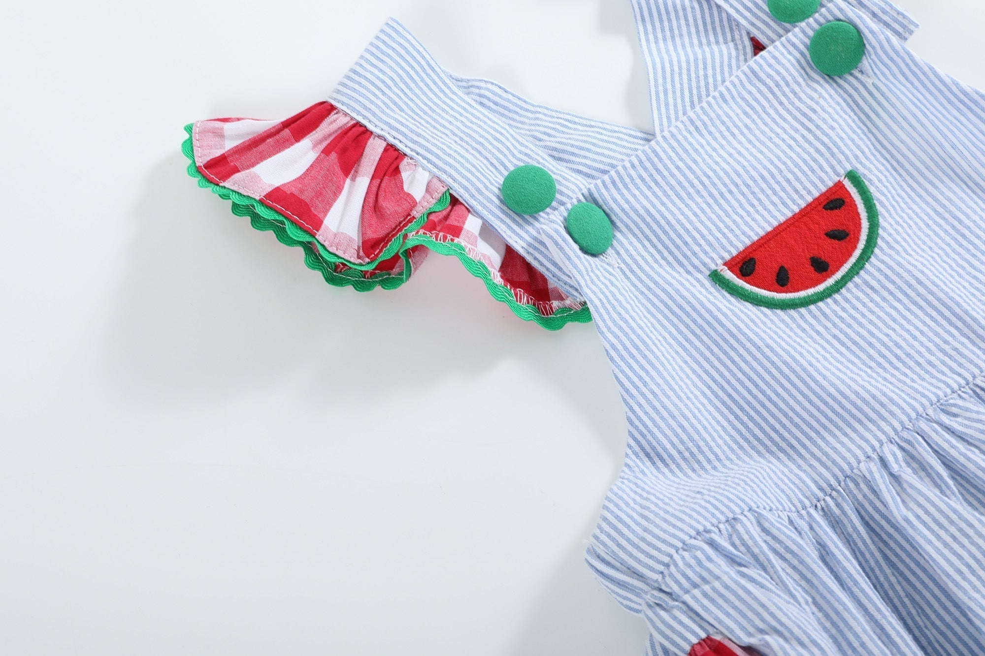 Light Blue Seersucker And Gingham Watermelon Ruffle Romper