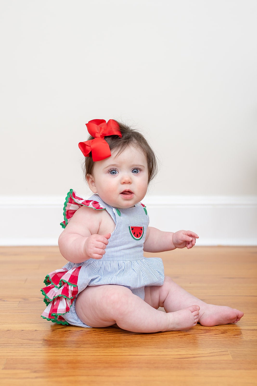 Light Blue Seersucker And Gingham Watermelon Ruffle Romper