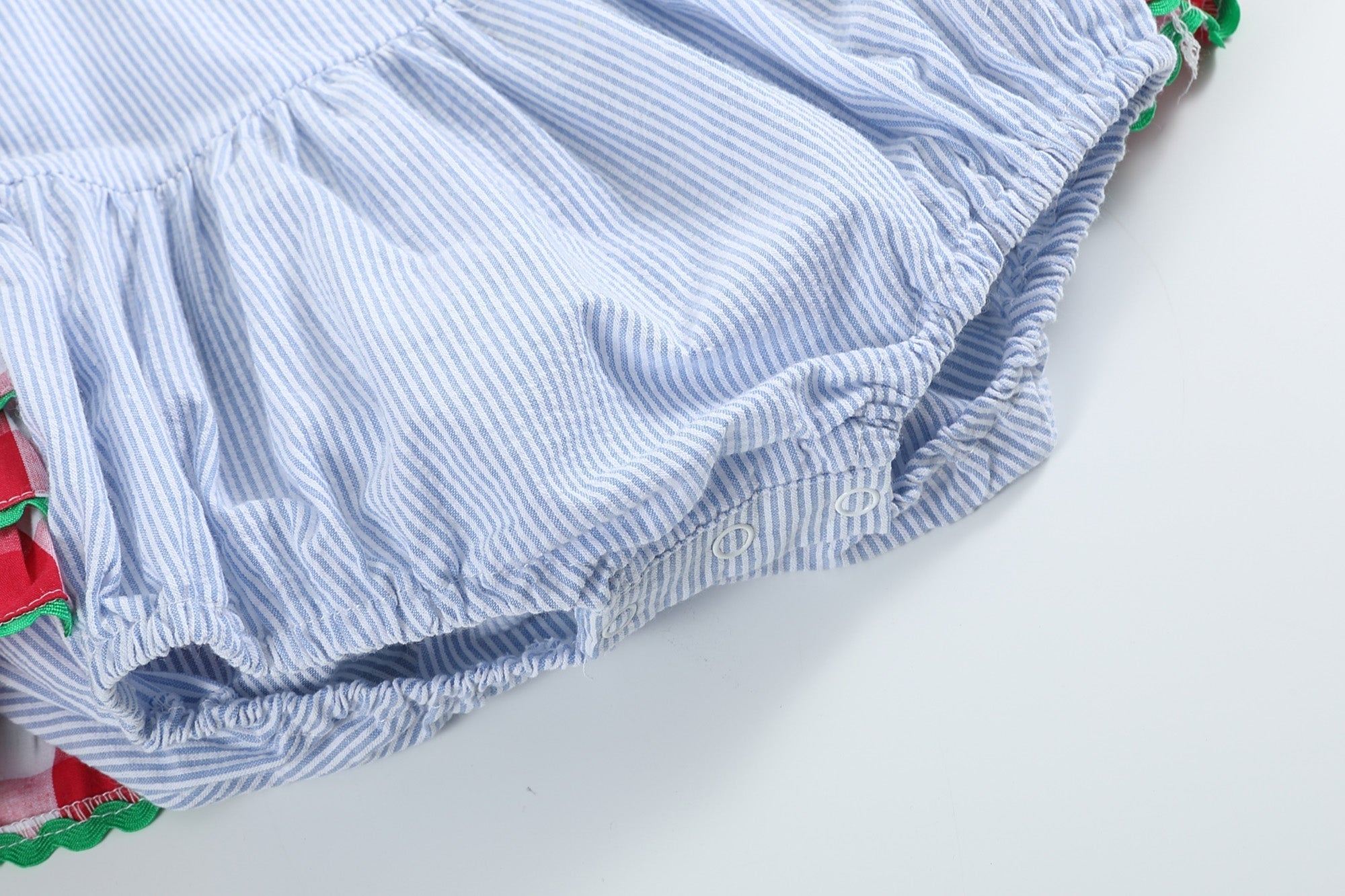 Light Blue Seersucker And Gingham Watermelon Ruffle Romper