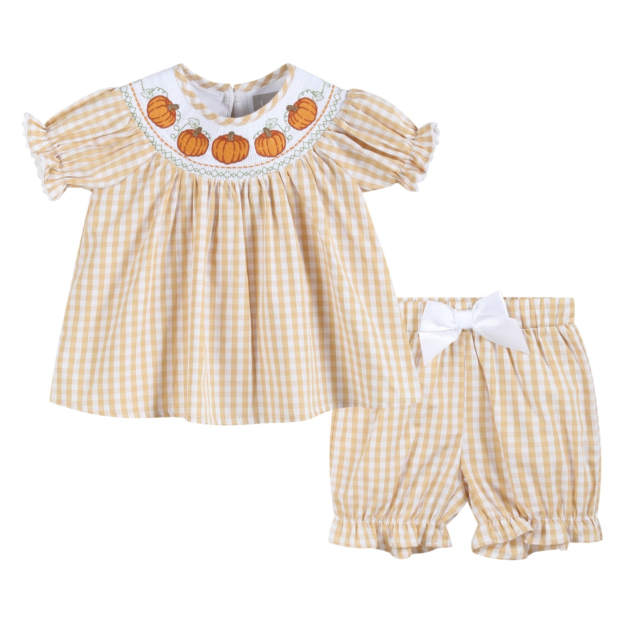 Light Brown Gingham Pumpkin Vine Dress And Bloomer Set