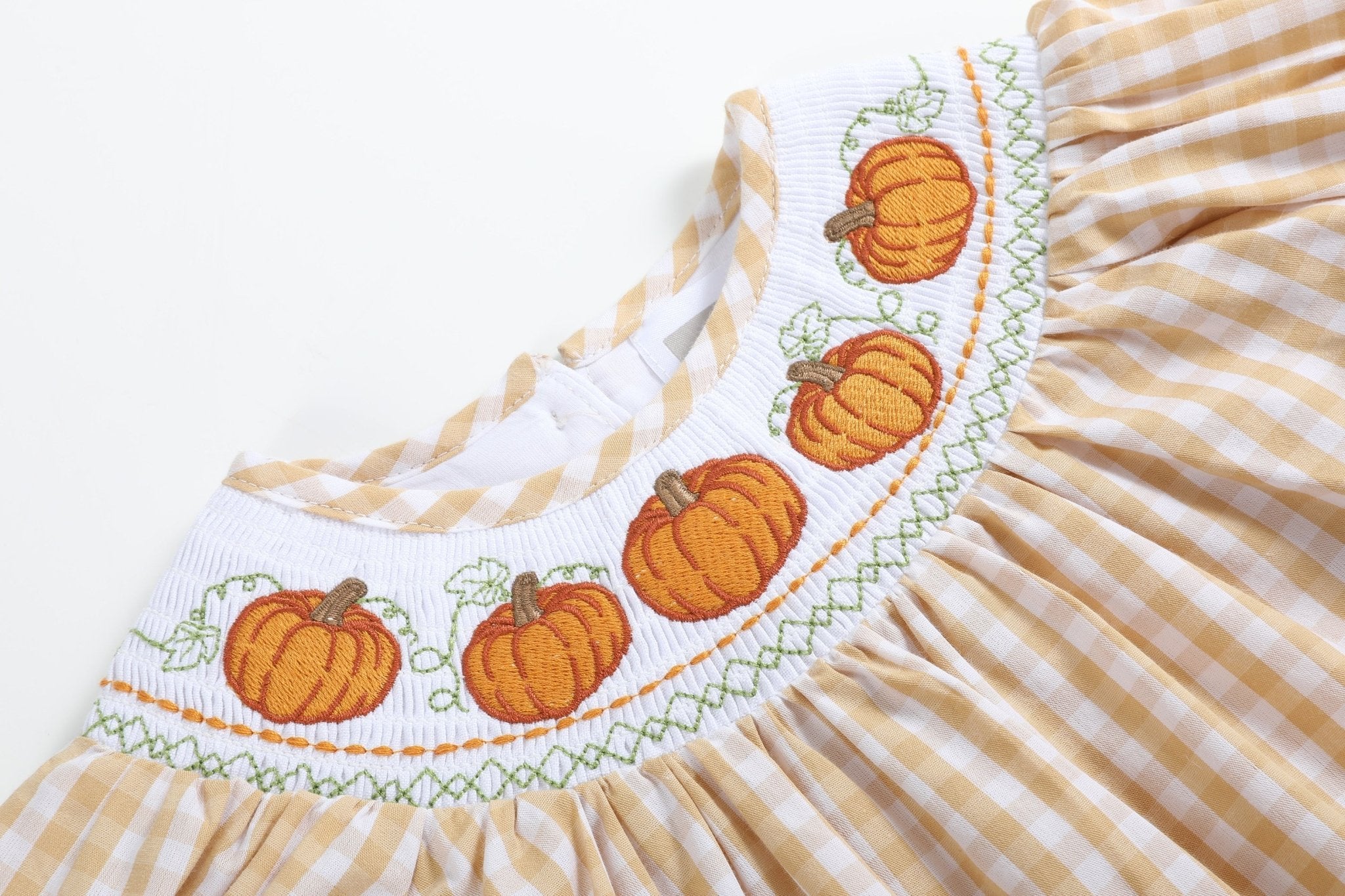 Light Brown Gingham Pumpkin Vine Dress And Bloomer Set