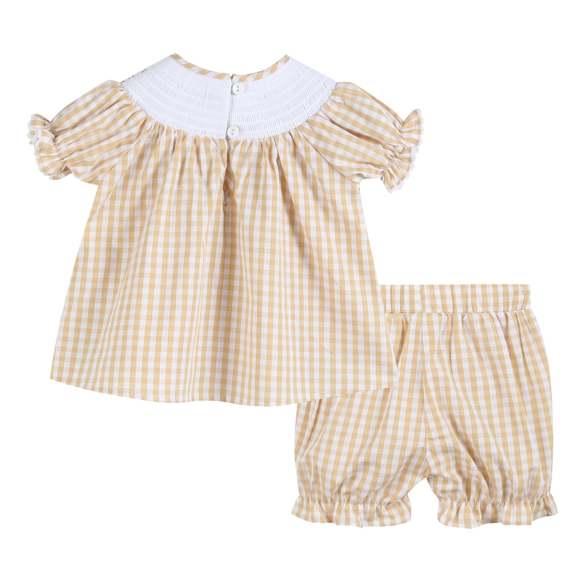 Light Brown Gingham Pumpkin Vine Dress And Bloomer Set