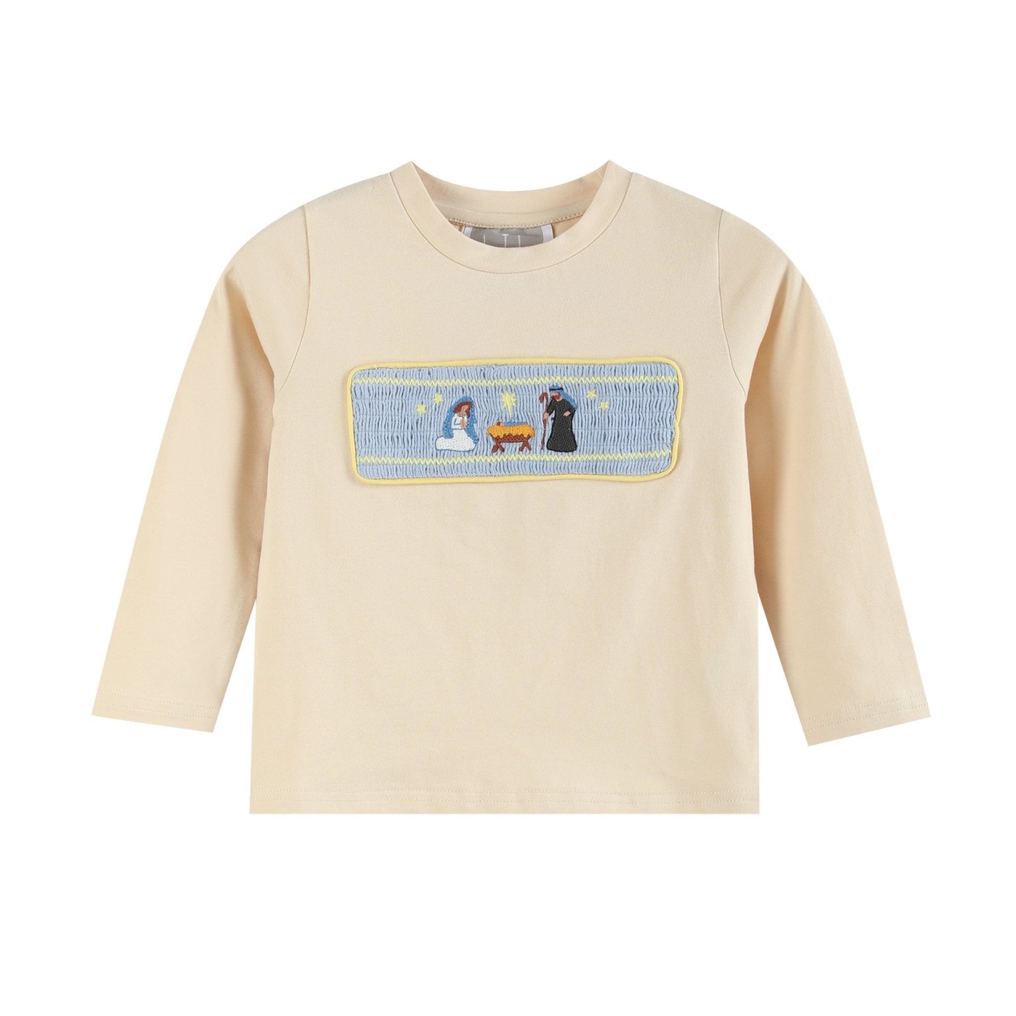 Light Brown Nativity Smocked Shirt And Blue Pants