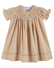 Light Brown Pinstripe Pumpkin Smocked Bishop Dress