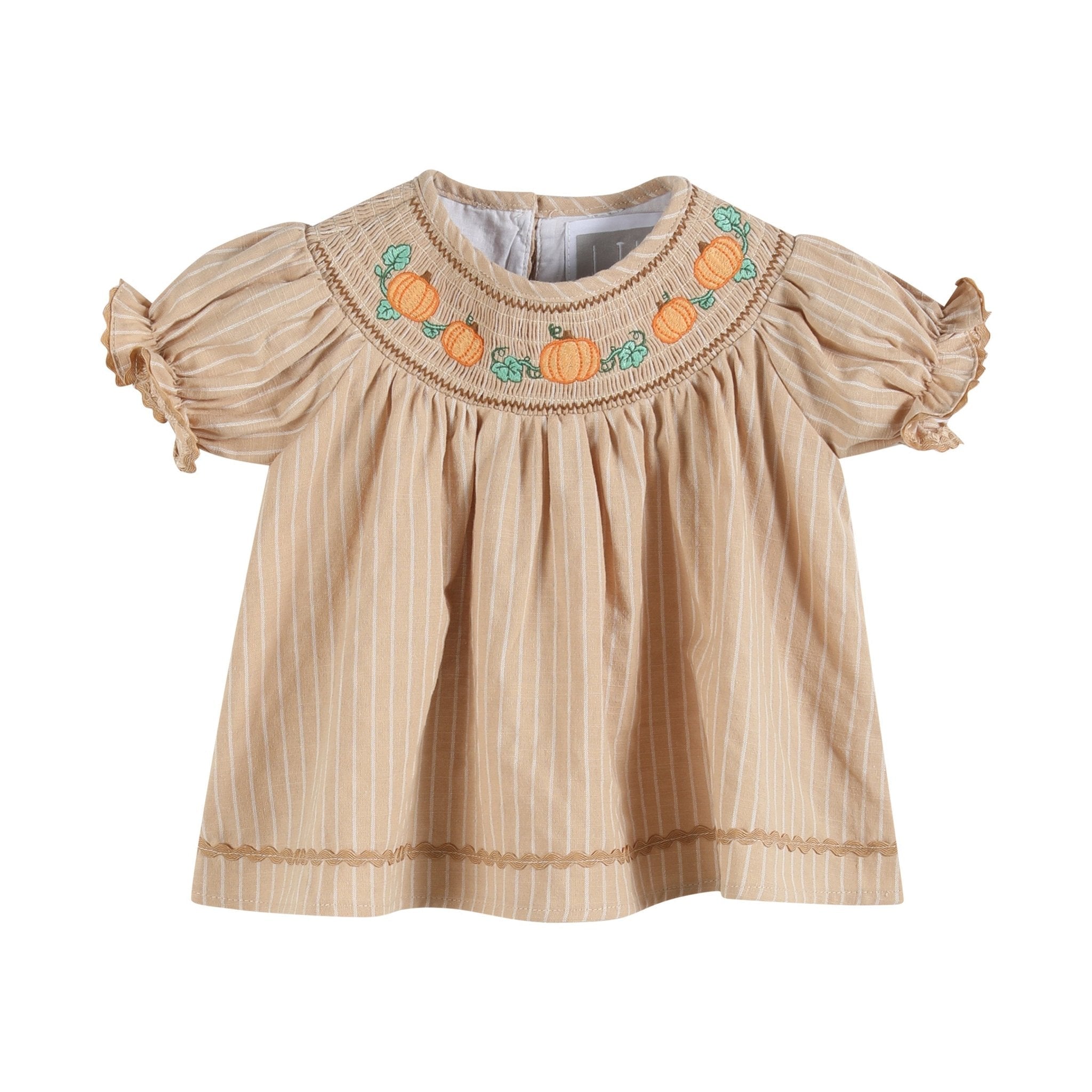Light Brown Pinstripe Pumpkin Smocked Dress And Bloomer Set