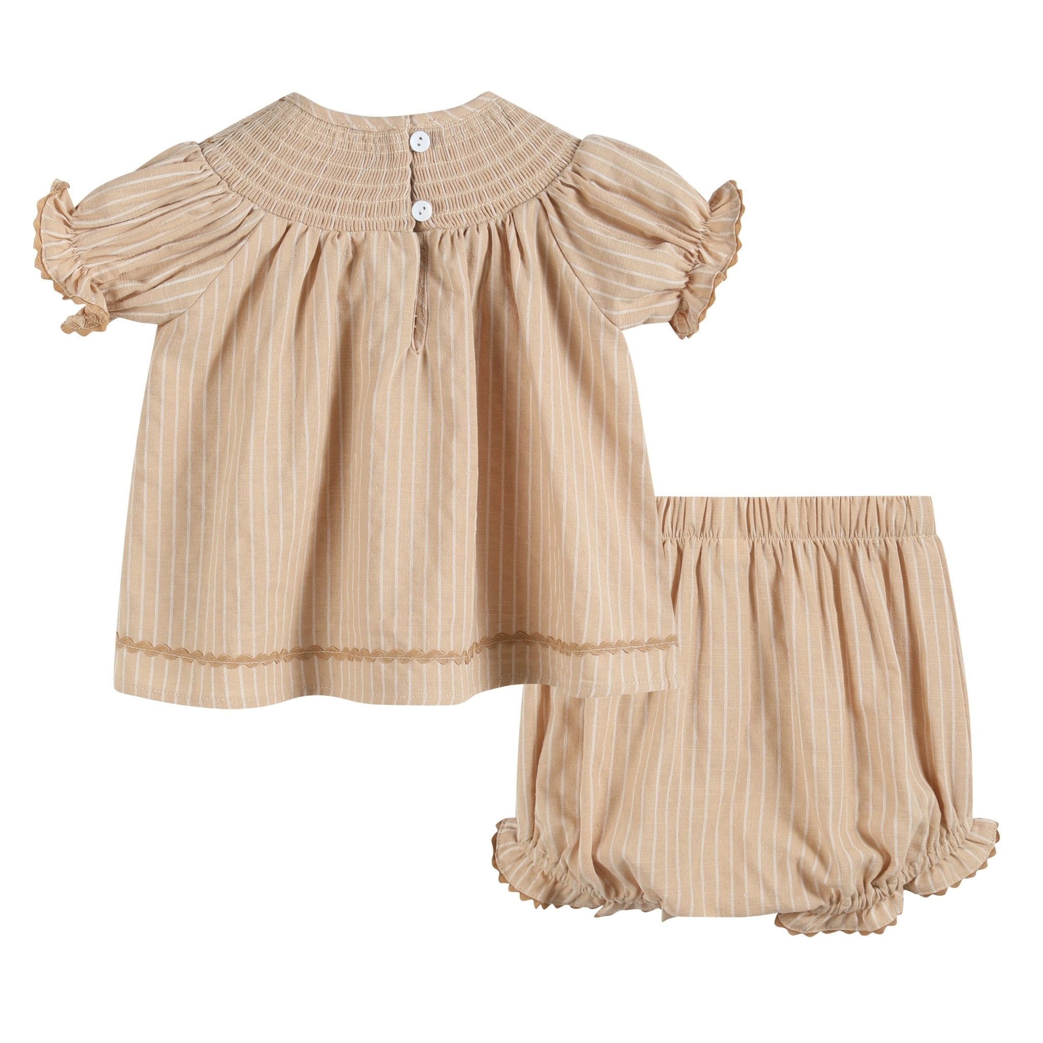 Light Brown Pinstripe Pumpkin Smocked Dress And Bloomer Set