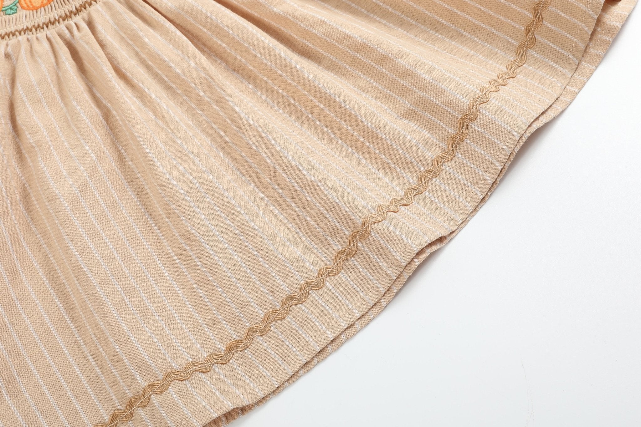 Light Brown Pinstripe Pumpkin Smocked Dress And Bloomer Set