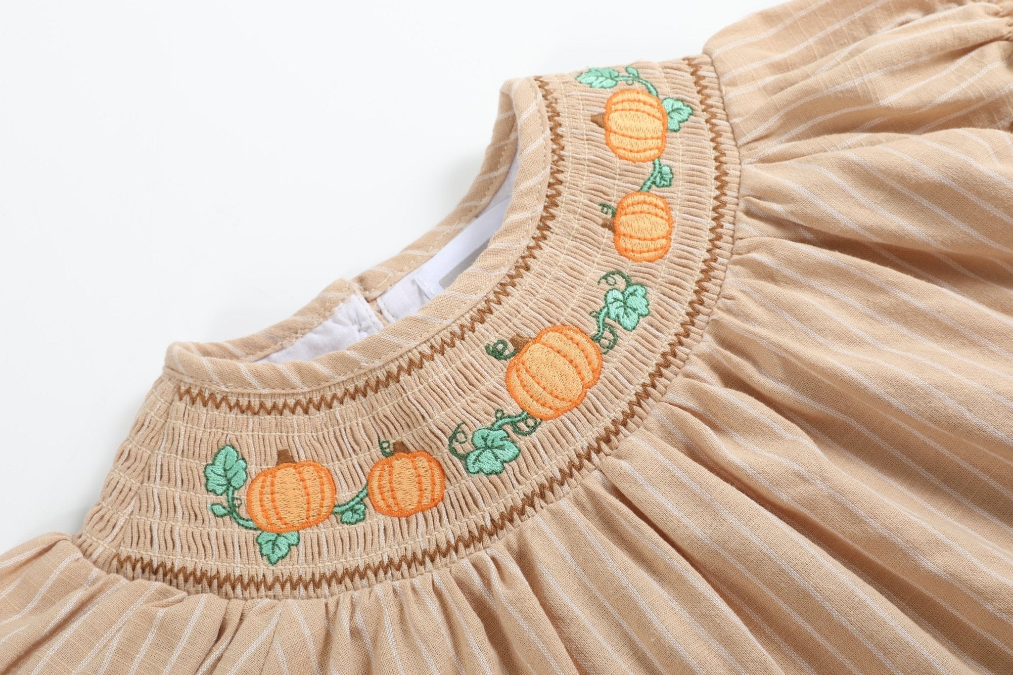 Light Brown Pinstripe Pumpkin Smocked Dress And Bloomer Set