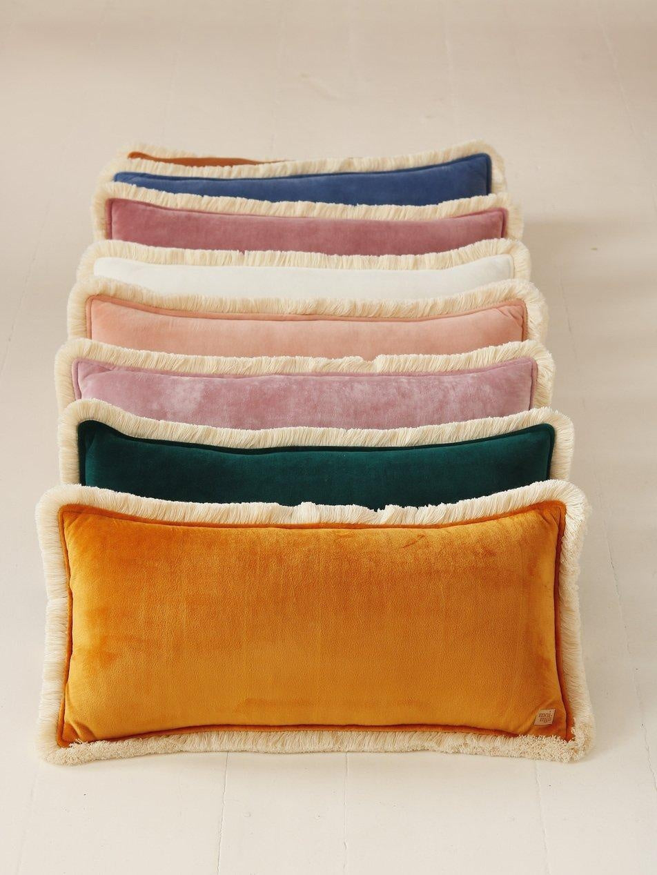 Soft Velvet "light Pink" Bolster Pillow With Fringe