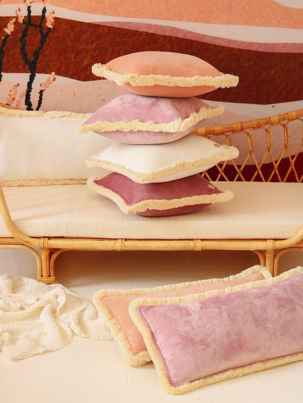 Soft Velvet "light Pink" Bolster Pillow With Fringe