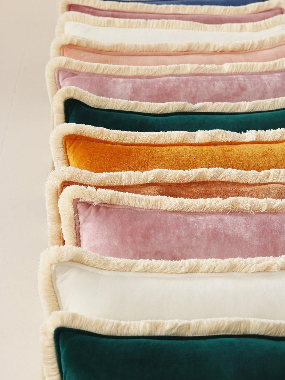 Soft Velvet "light Pink" Bolster Pillow With Fringe