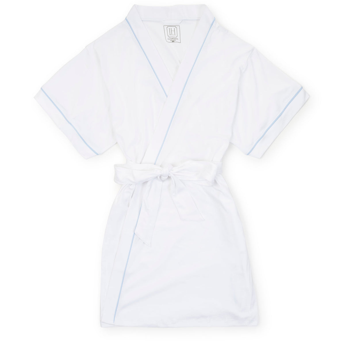 Mamie Women's Short Sleeve Spa Wrap Robe - White With Light Blue Piping