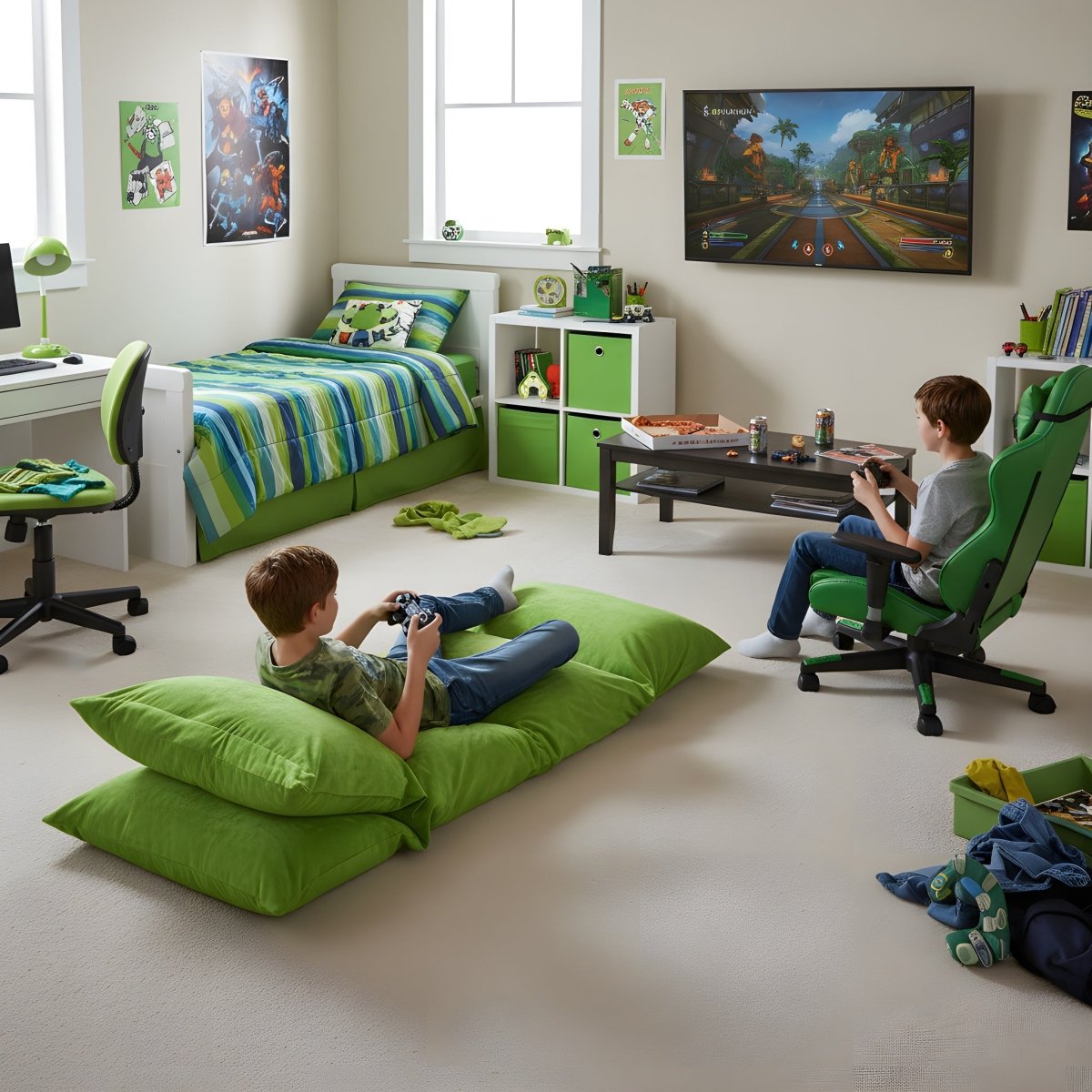 Lime Green Pillow Bed Floor Lounger, Kids Pillow Bed For Sleepovers