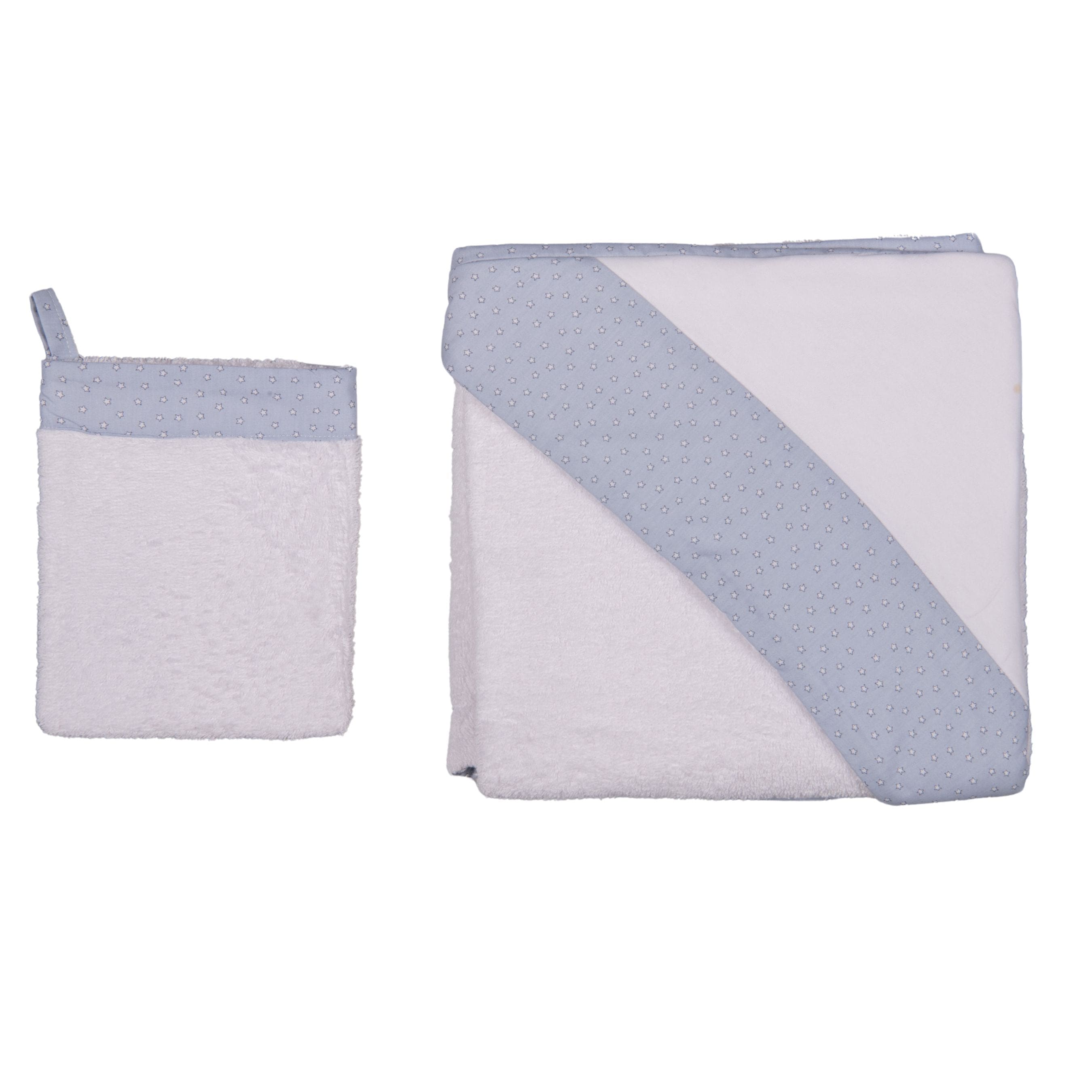 Little Stars | Boys White & Blue Hooded Baby Towel & Mitt Set