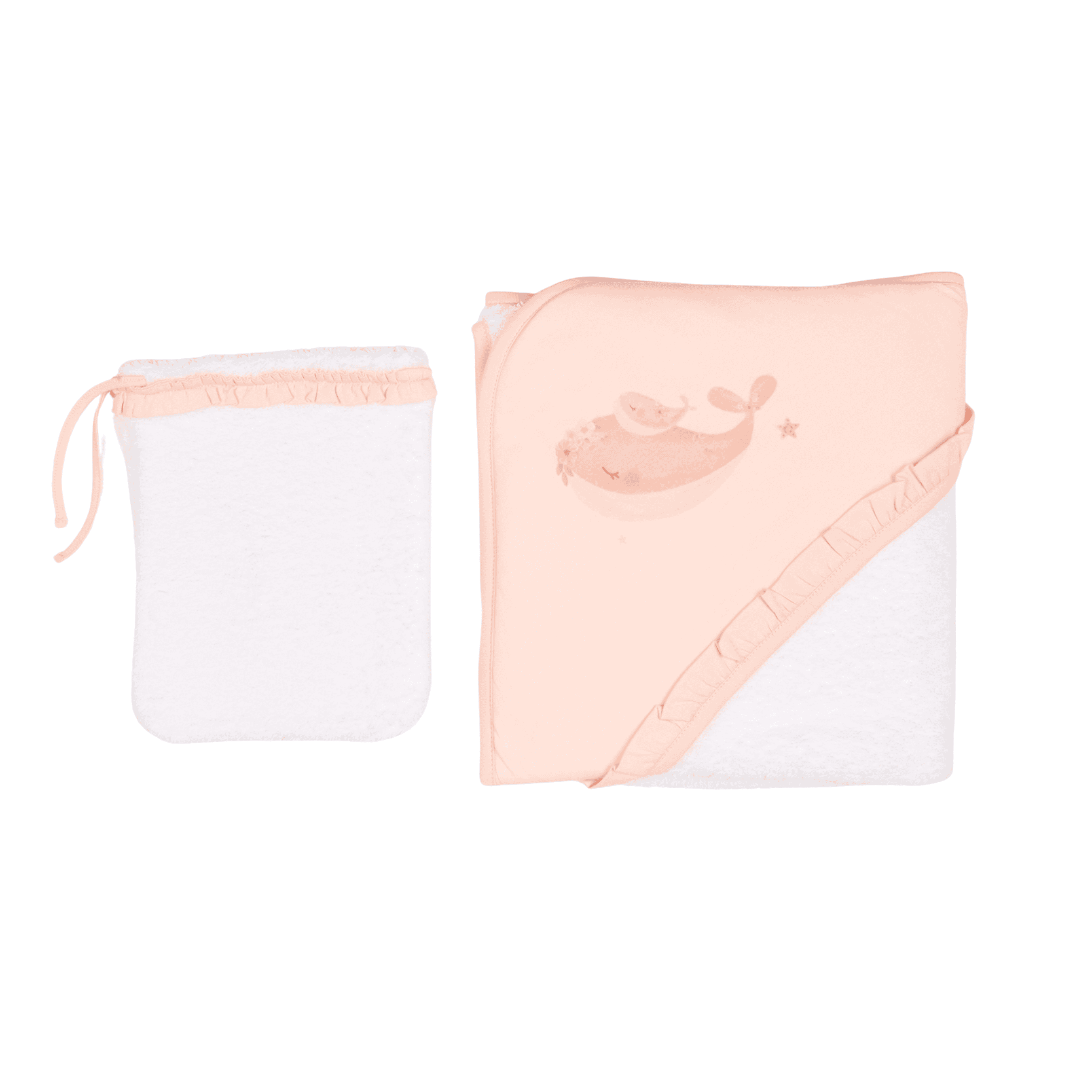 Baby Girls Hooded Towel & Mitt Set With Little Whale Print